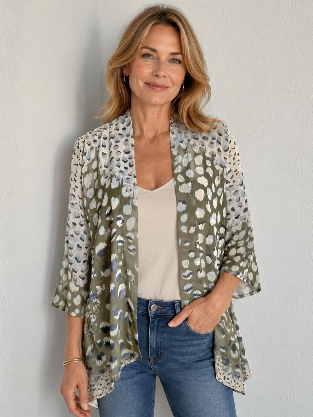 Zozo Olive, Navy & Cream Open-Front Sheer Print Cardigan, Size Medium